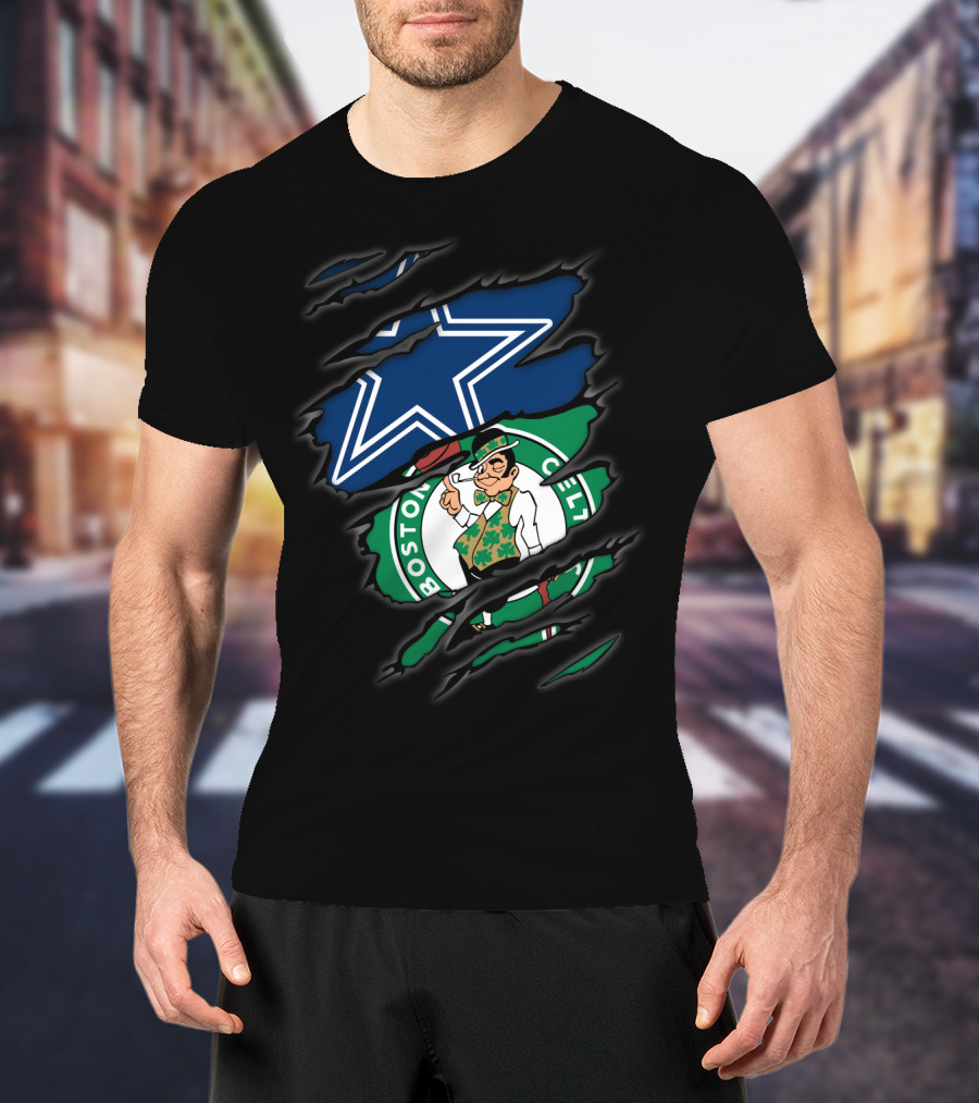 Cowboys Boston Celtics Logo Mashup Ripped T-Shirt