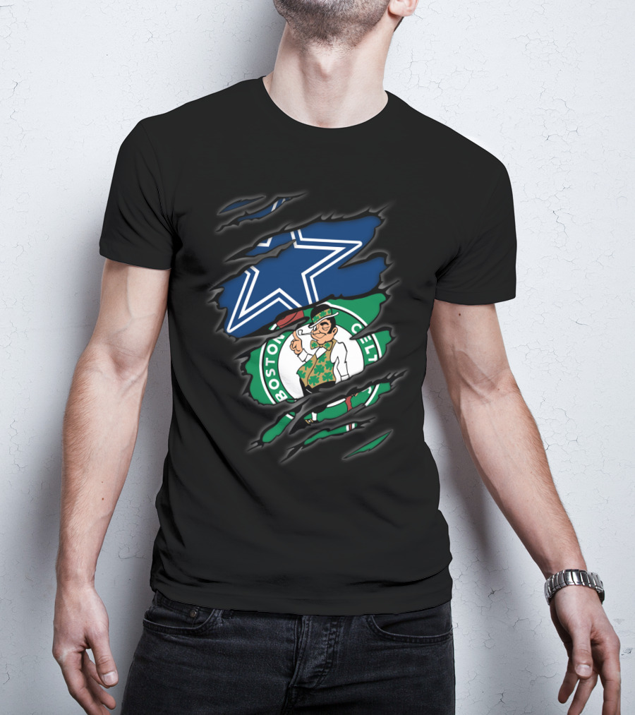 Cowboys Boston Celtics Logo Mashup Ripped T-Shirt