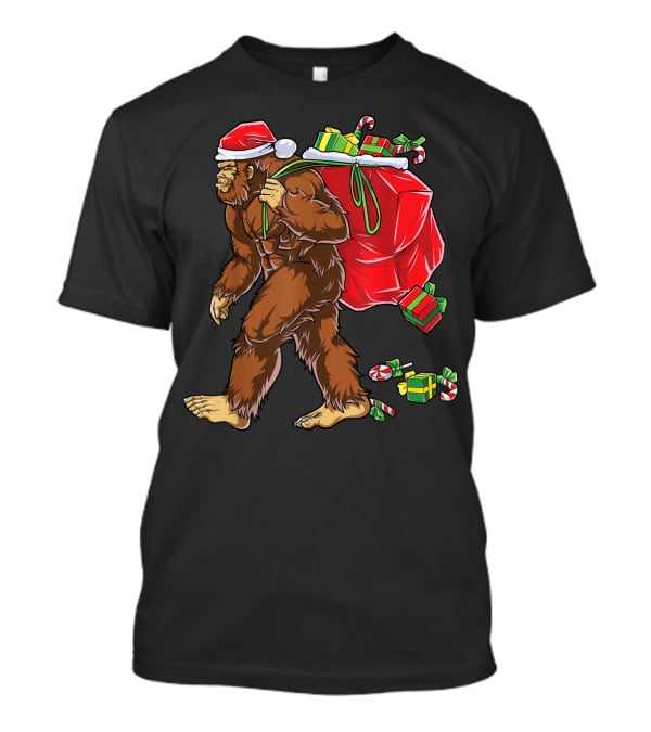 Bigfoot Santa With Giant Red Christmas Bag And Green Gifts Wearing Xmas Hat T-Shirt