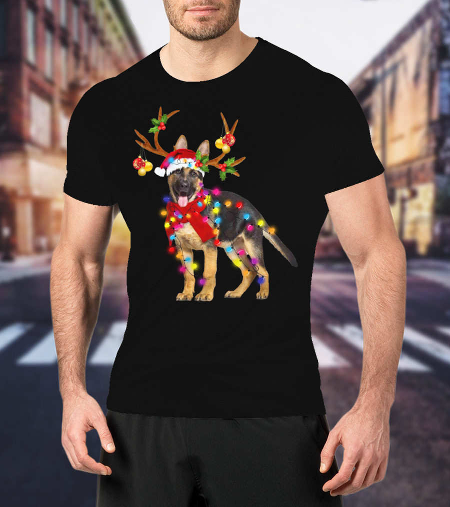 German Shepherd Christmas Dog With Reindeer Antlers And Holiday Lights T-Shirt