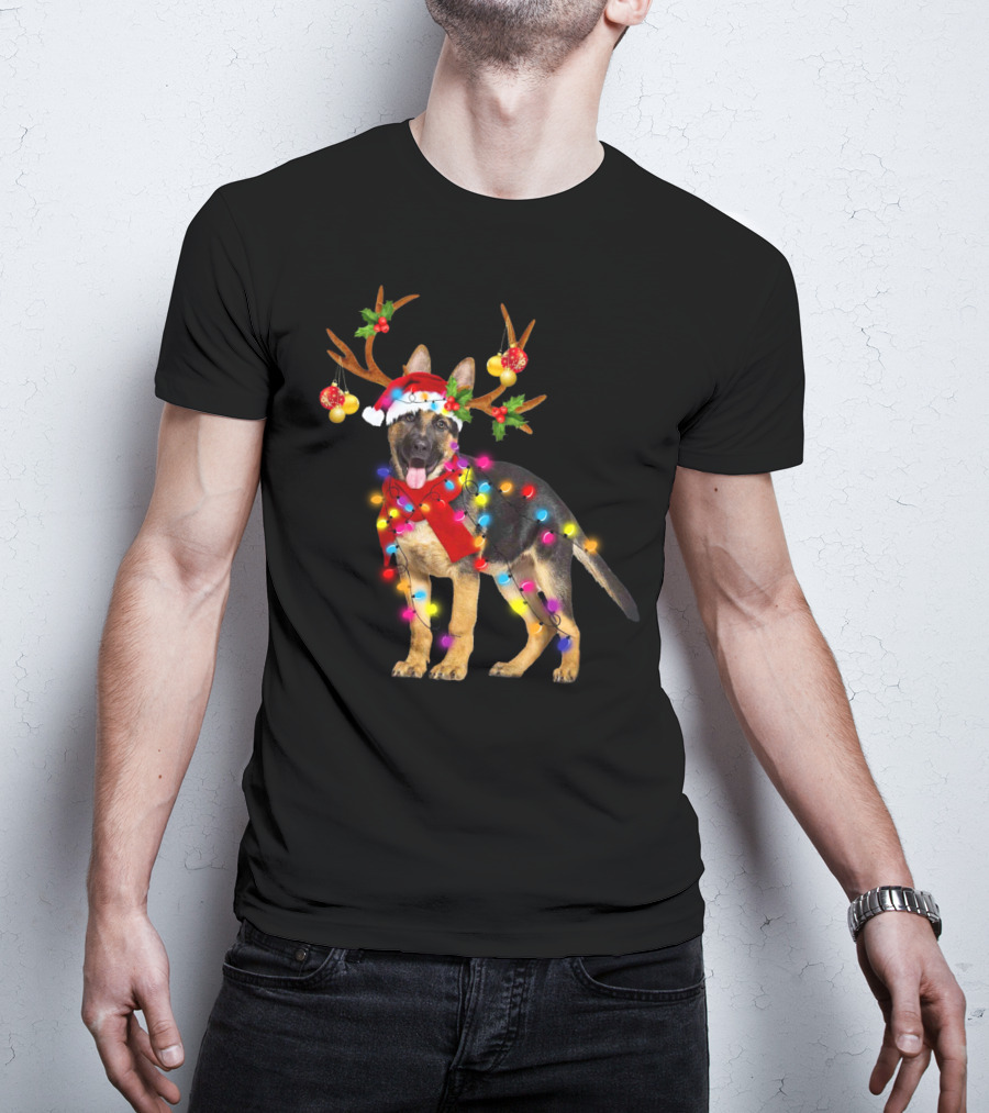 German Shepherd Christmas Dog With Reindeer Antlers And Holiday Lights T-Shirt
