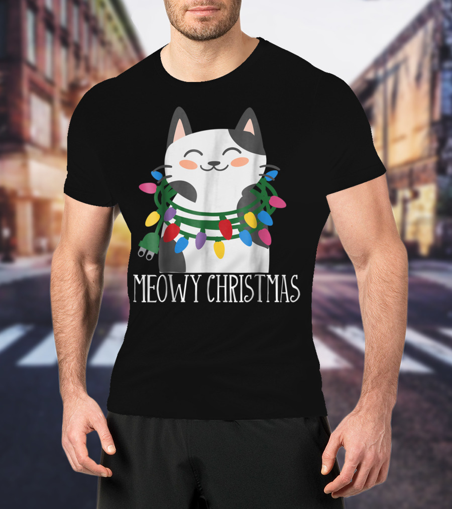 Meowy Christmas Holiday Funny Catma With Festive Lights And Happy Smiling Cat T-Shirt