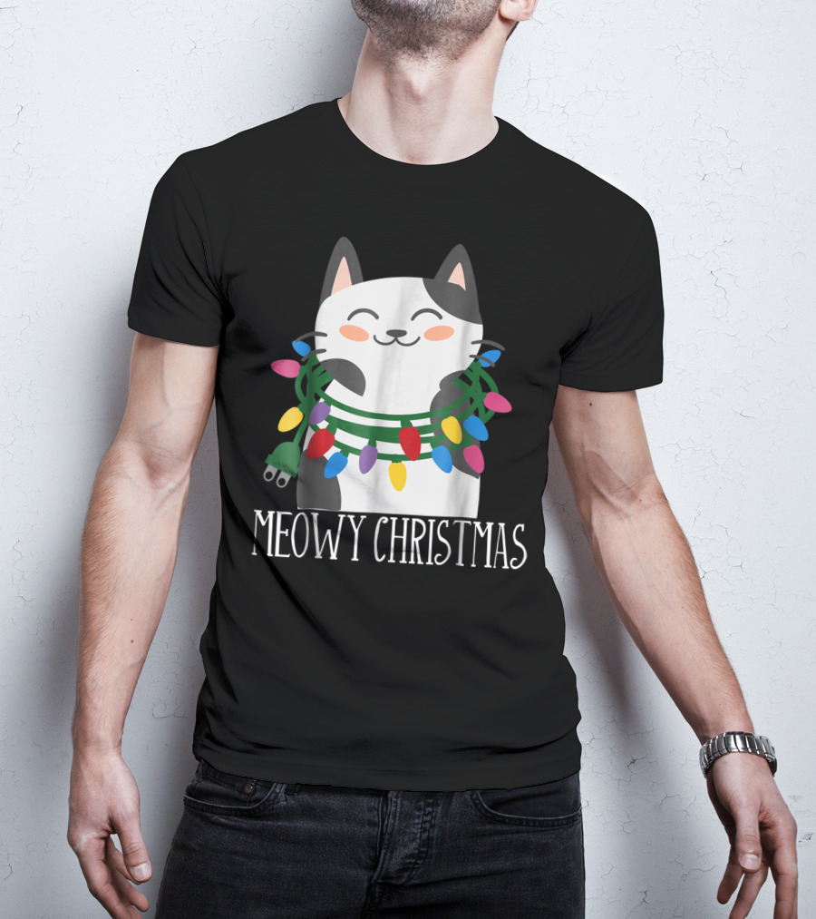 Meowy Christmas Holiday Funny Catma With Festive Lights And Happy Smiling Cat T-Shirt
