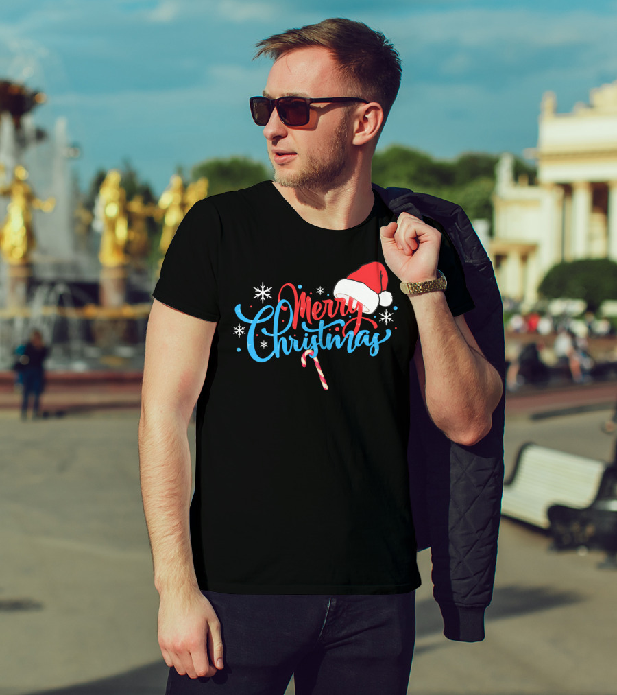 Merry Christmas Nice Santa's Hat Candy Cane Snowflakes T-Shirt