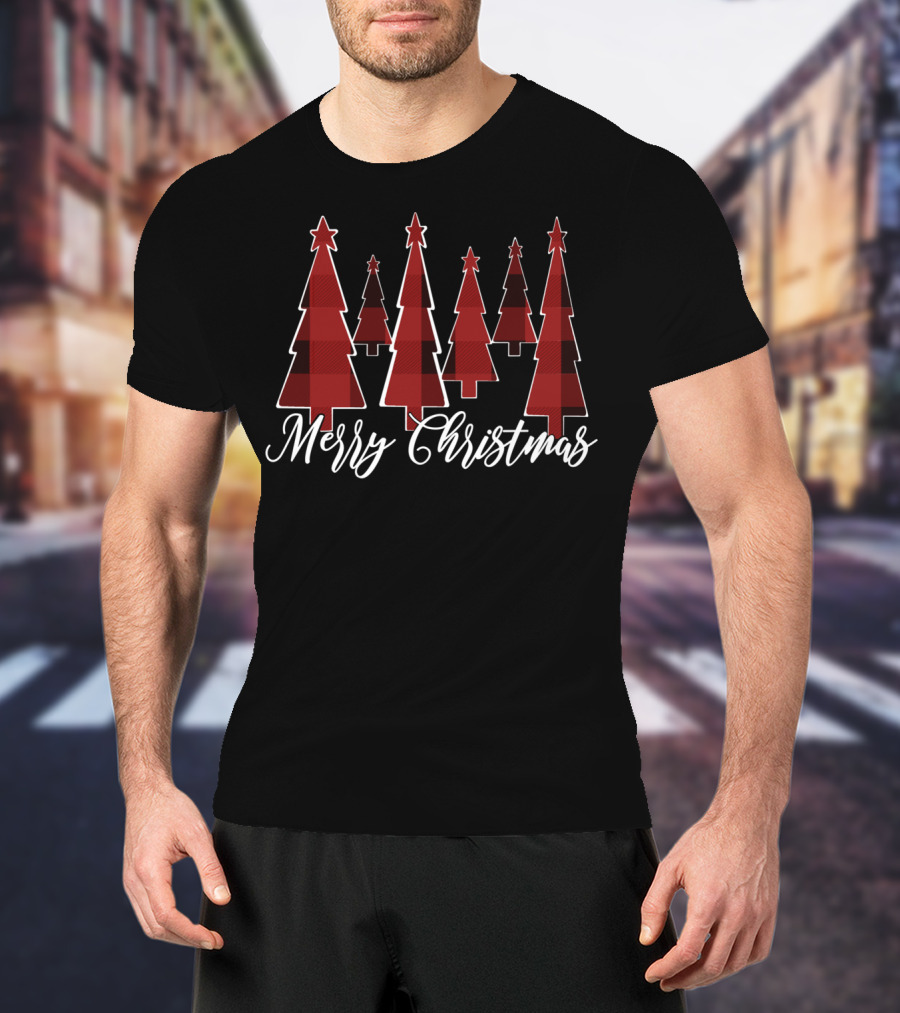 Merry Christmas Red And Black Buffalo Plaid Trees T-Shirt