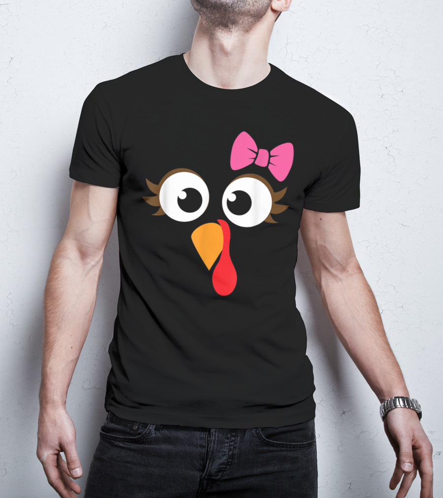 Turkey Face With Pink Bow Girl Cartoon Eyes T-Shirt