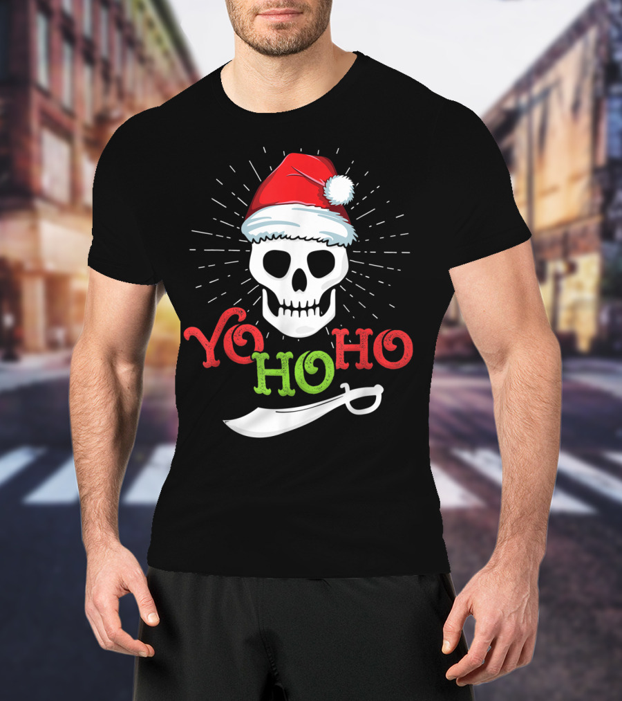 Yo Ho Ho Skull With Santa Hat And Sword T-Shirt