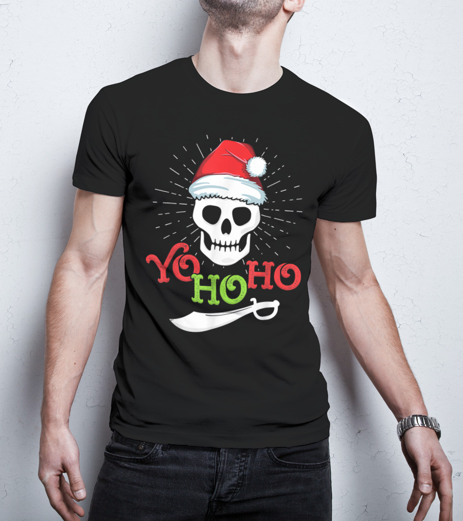 Yo Ho Ho Skull With Santa Hat And Sword T-Shirt