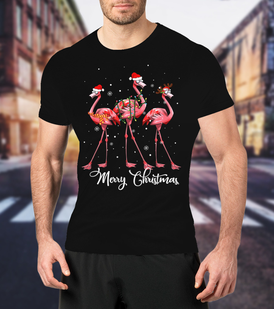 Merry Christmas Flamingo Christmas Lights Santa Hat Reindeer Antlers T-Shirt