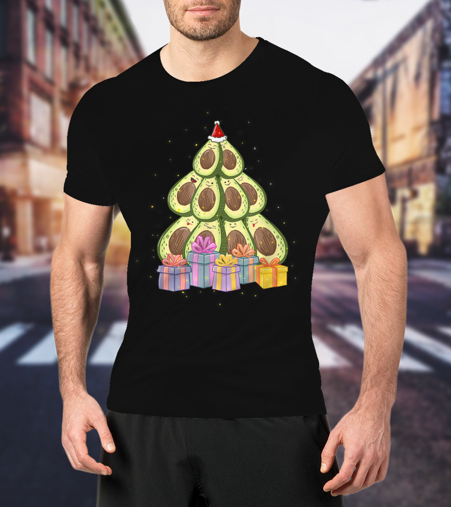 Avocado Christmas Tree With Santa Hat And Presents Avocado Lover T-Shirt