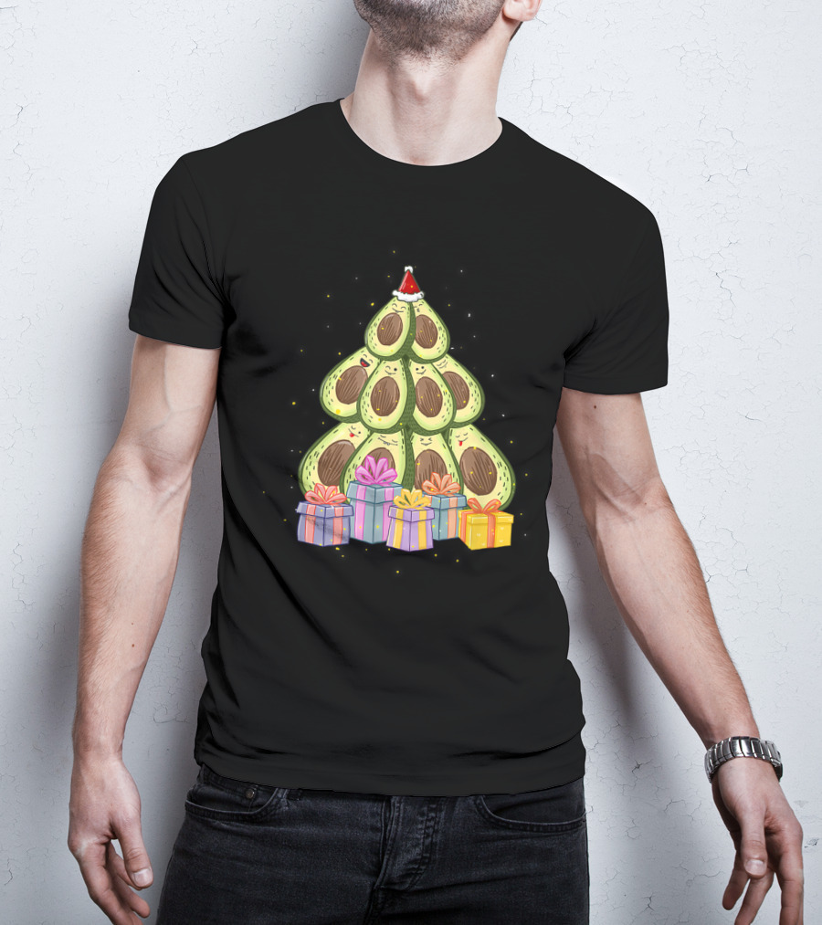 Avocado Christmas Tree With Santa Hat And Presents Avocado Lover T-Shirt