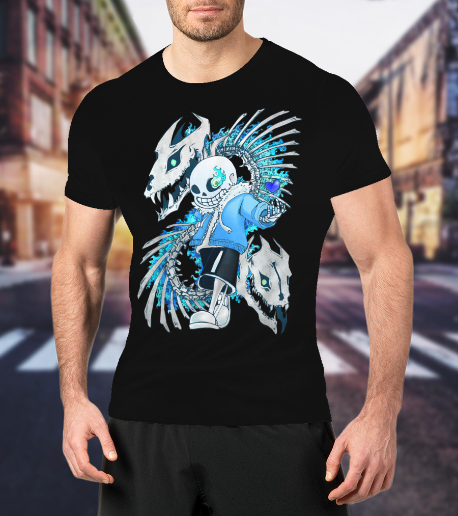 Sans Undertale Skeleton Flames Blue Heart Gaming Character T-Shirt