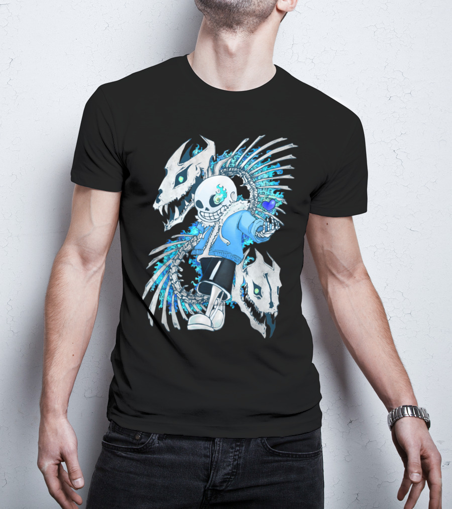 Sans Undertale Skeleton Flames Blue Heart Gaming Character T-Shirt