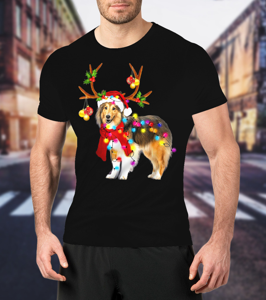 Christmas Sheltie Dog In Santa Hat With Reindeer Antlers And Colorful String Lights T-Shirt