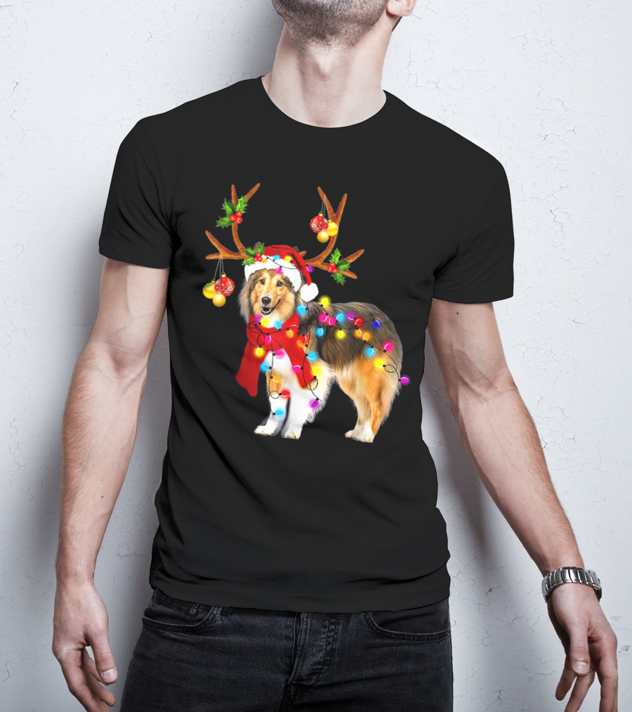 Christmas Sheltie Dog In Santa Hat With Reindeer Antlers And Colorful String Lights T-Shirt