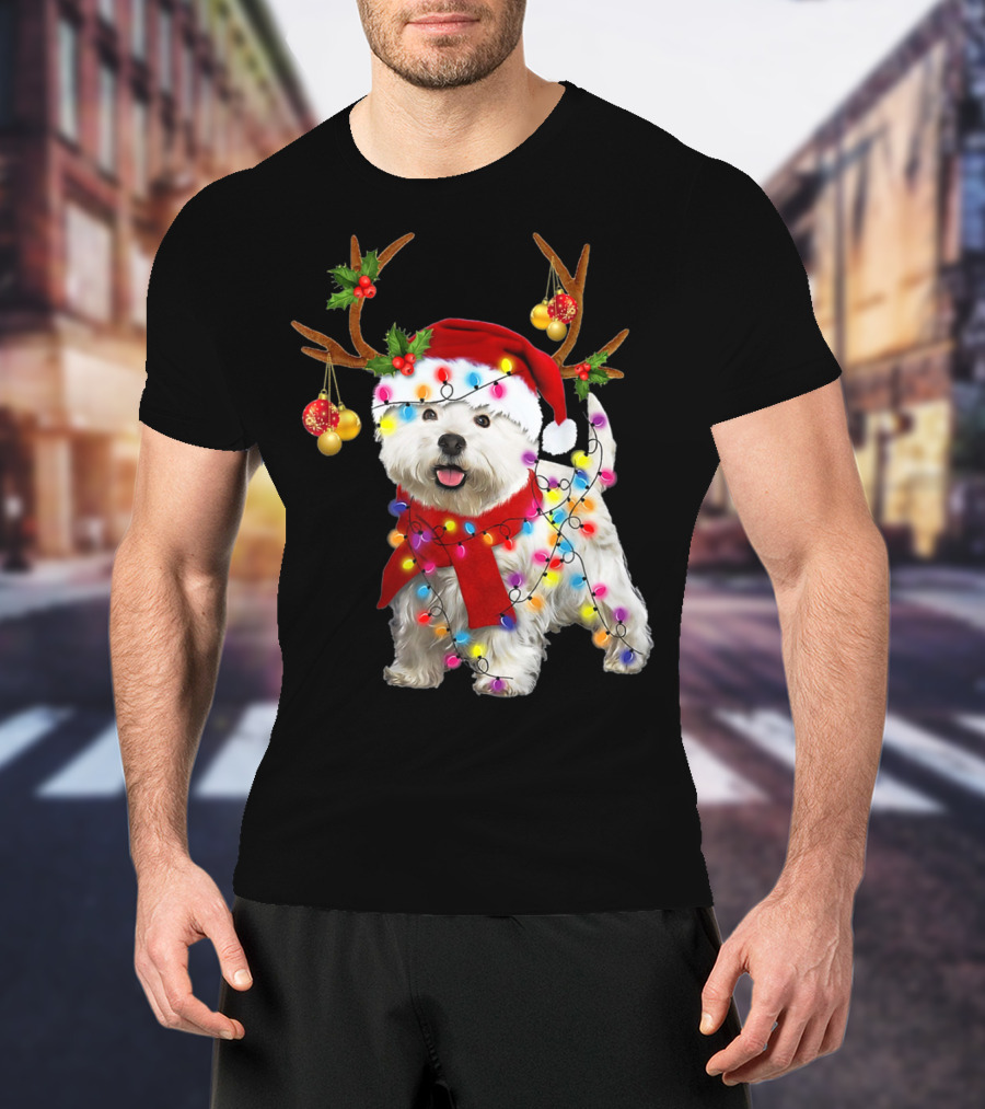 Santa Westie Dog Reindeer Lights Holiday T-Shirt