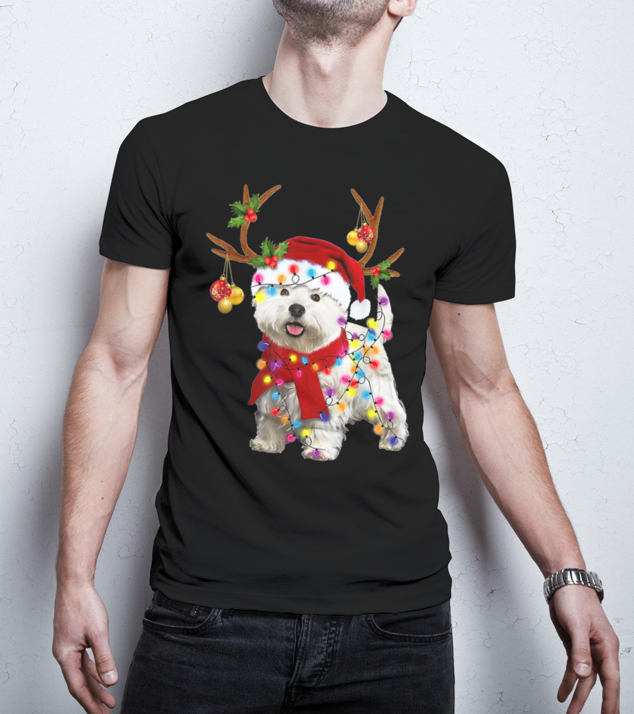 Santa Westie Dog Reindeer Lights Holiday T-Shirt