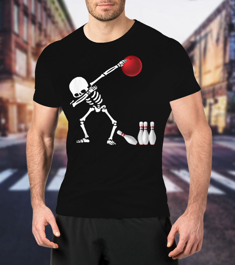 Skeleton Bowler Dabbing With Red Bowling Ball And Pins Fun Bones Lover T-Shirt