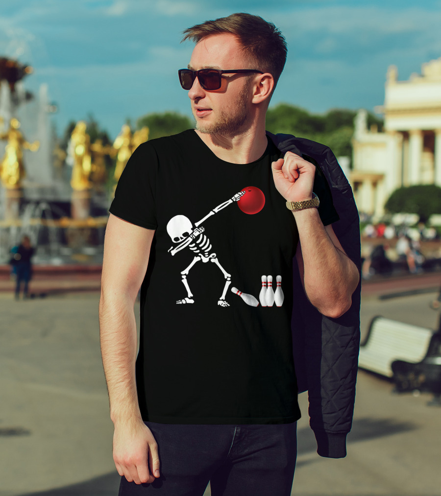 Skeleton Bowler Dabbing With Red Bowling Ball And Pins Fun Bones Lover T-Shirt