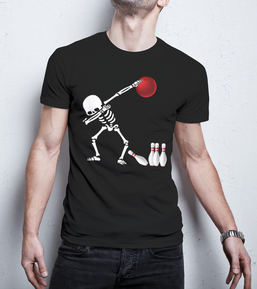 Skeleton Bowler Dabbing With Red Bowling Ball And Pins Fun Bones Lover T-Shirt