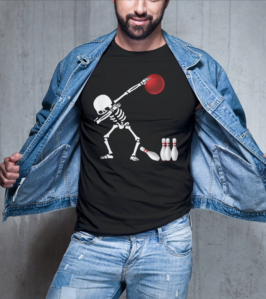 Skeleton Bowler Dabbing With Red Bowling Ball And Pins Fun Bones Lover T-Shirt