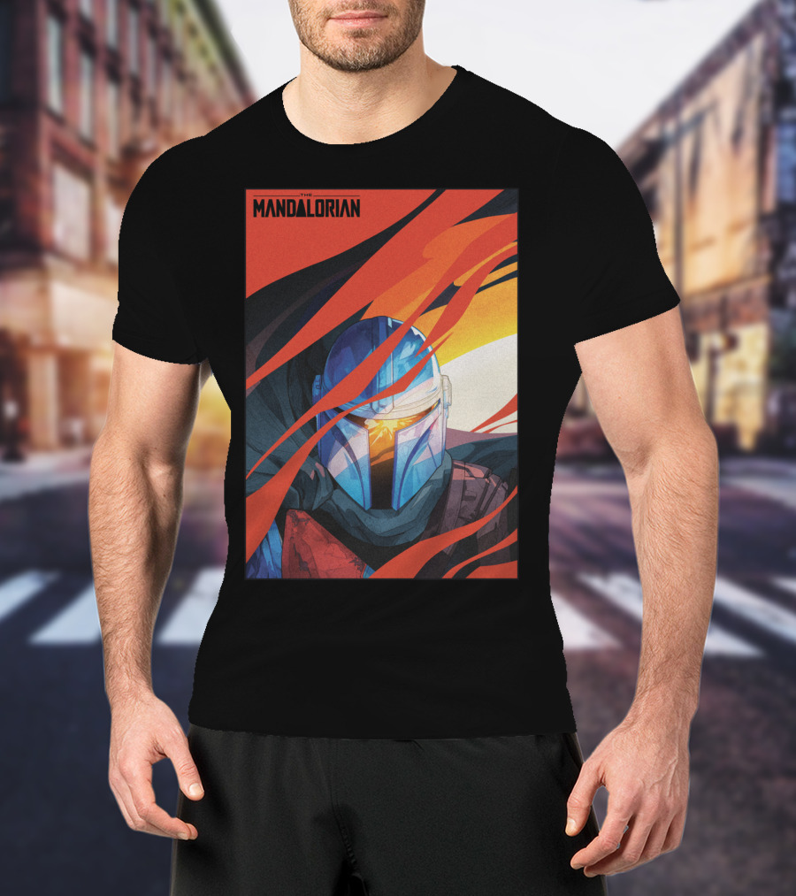 Star Wars The Mandalorian Helmet With Red And Orange Abstract Waves T-Shirt