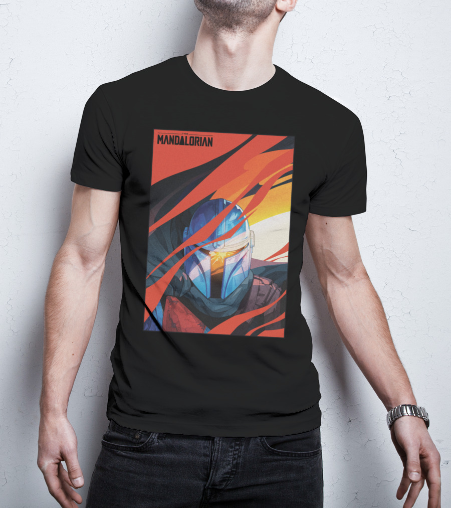 Star Wars The Mandalorian Helmet With Red And Orange Abstract Waves T-Shirt