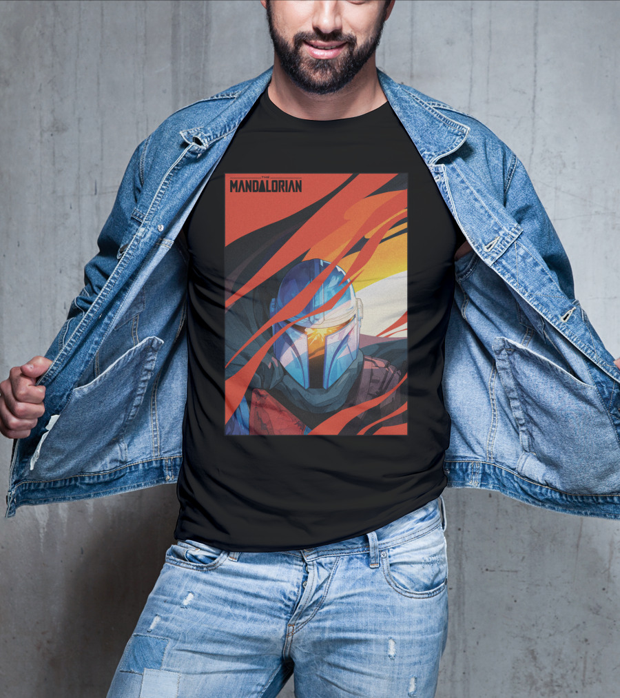 Star Wars The Mandalorian Helmet With Red And Orange Abstract Waves T-Shirt