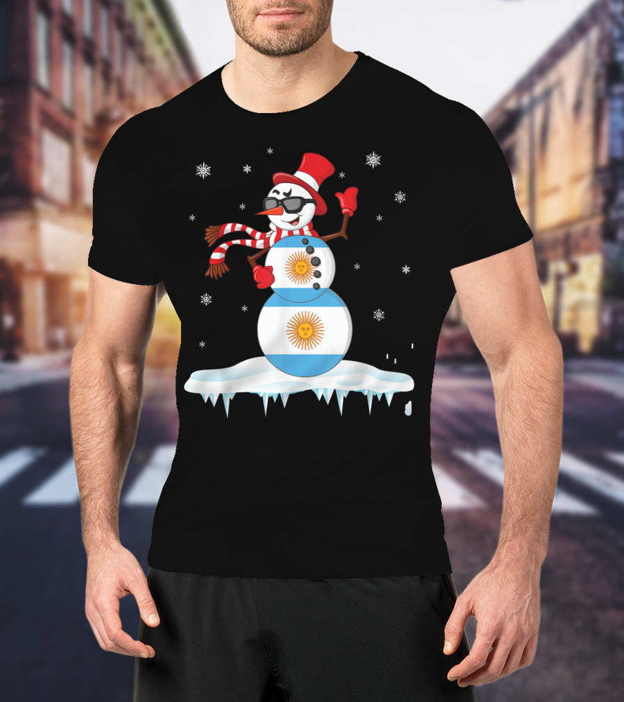 Argentinian Flag Snowman Dancing In Sunglasses Merry Winter T-Shirt