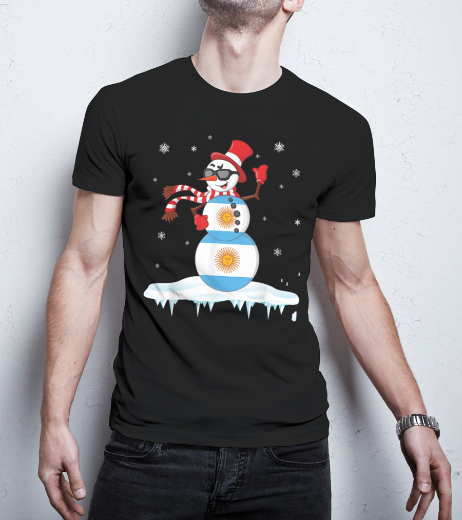 Argentinian Flag Snowman Dancing In Sunglasses Merry Winter T-Shirt