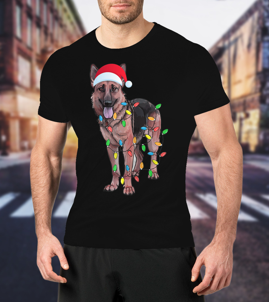Christmas German Shepherd Dog Santa Hat Wrapped In Lights T-Shirt