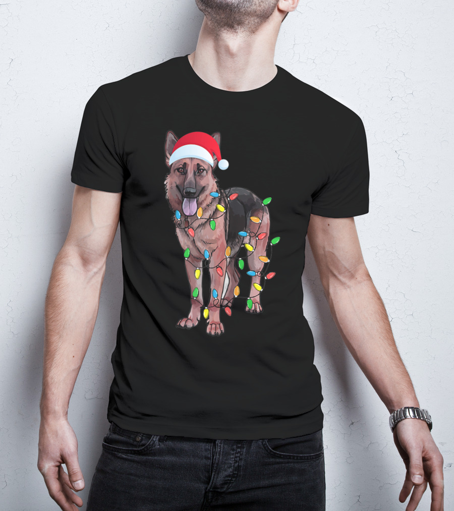 Christmas German Shepherd Dog Santa Hat Wrapped In Lights T-Shirt