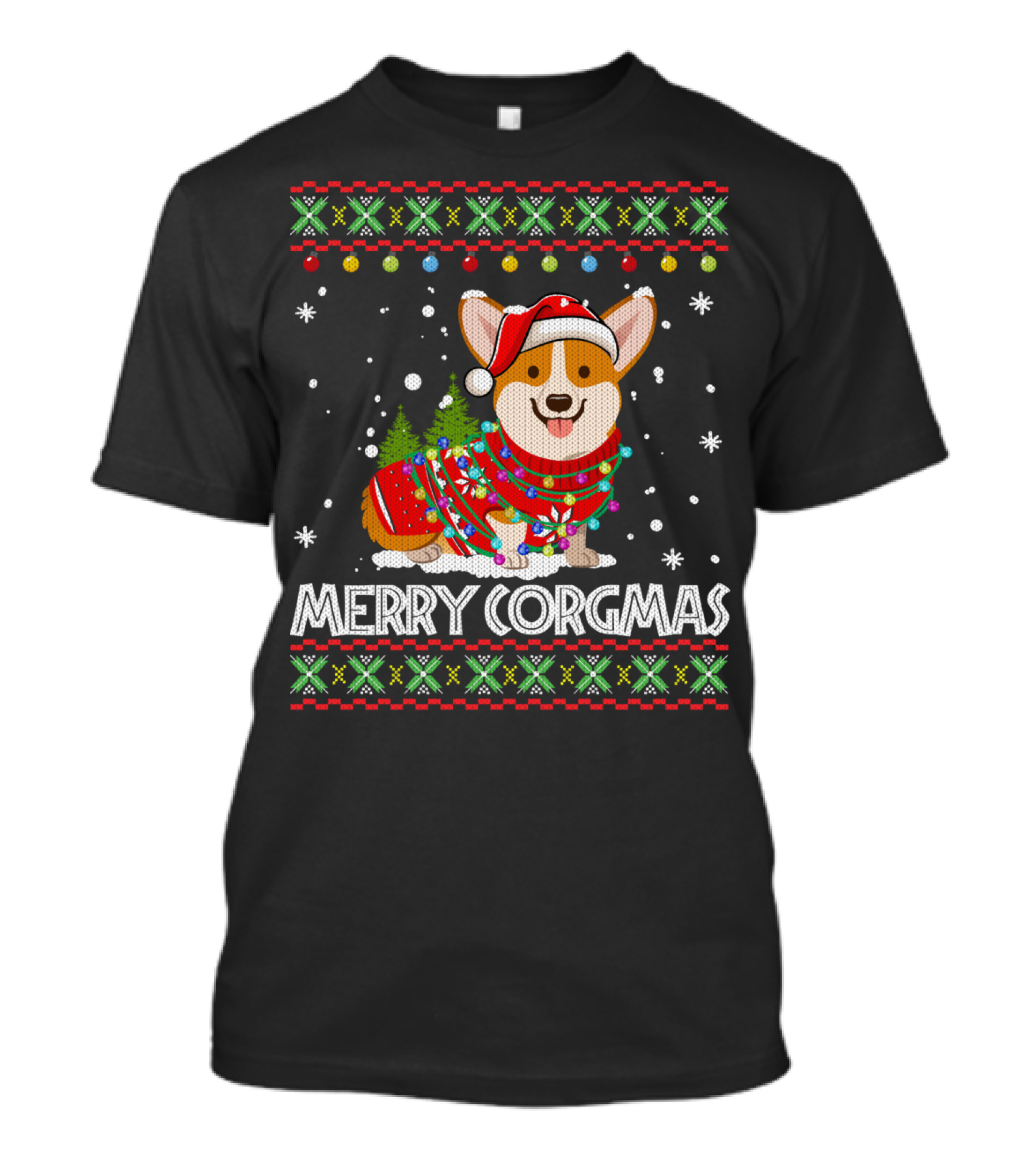 Merry Corgmas Corgi Dog Santa Hat Christmas Tree Lights Sweater Snowflakes T-Shirt