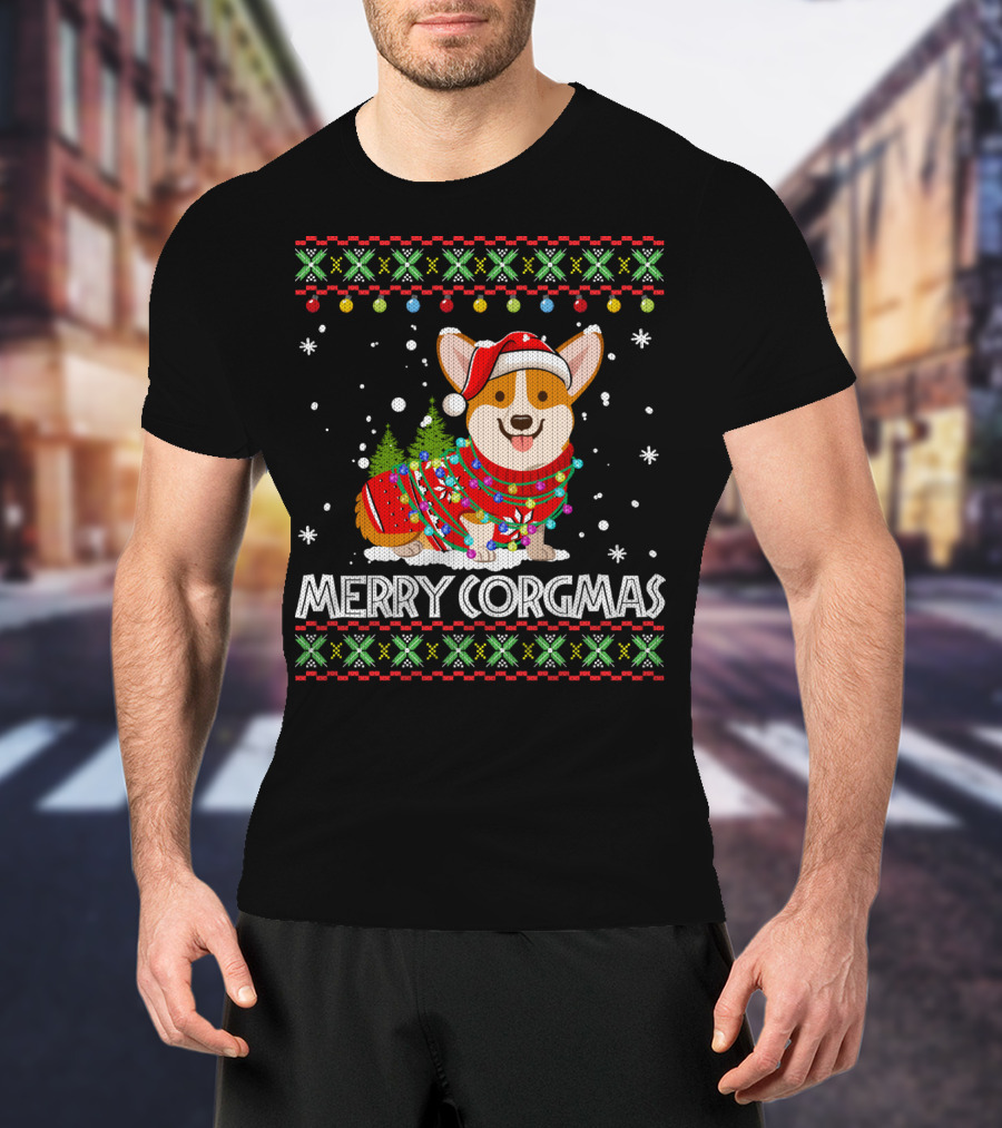 Merry Corgmas Corgi Dog Santa Hat Christmas Tree Lights Sweater Snowflakes T-Shirt