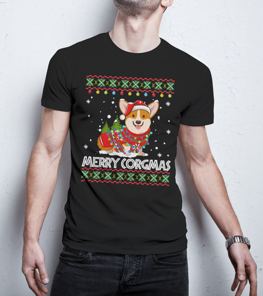 Merry Corgmas Corgi Dog Santa Hat Christmas Tree Lights Sweater Snowflakes T-Shirt