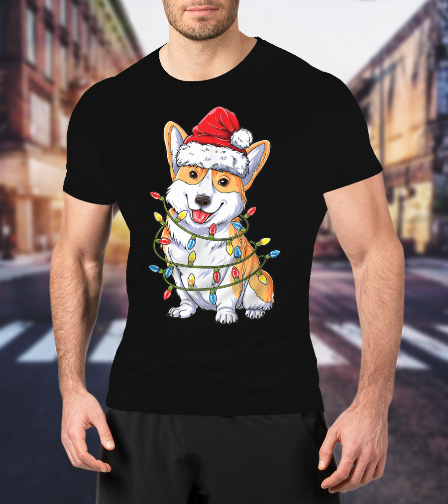Corgi Santa Hat Wrapped In Christmas Tree Lights T-Shirt