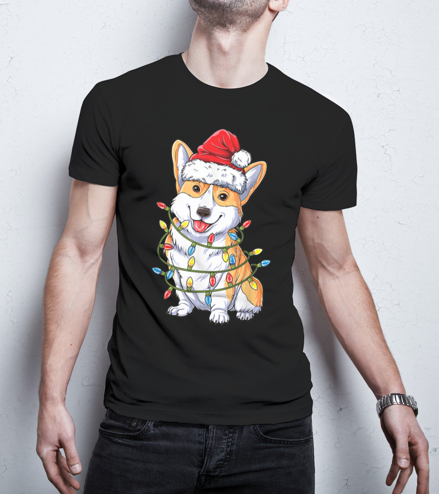 Corgi Santa Hat Wrapped In Christmas Tree Lights T-Shirt