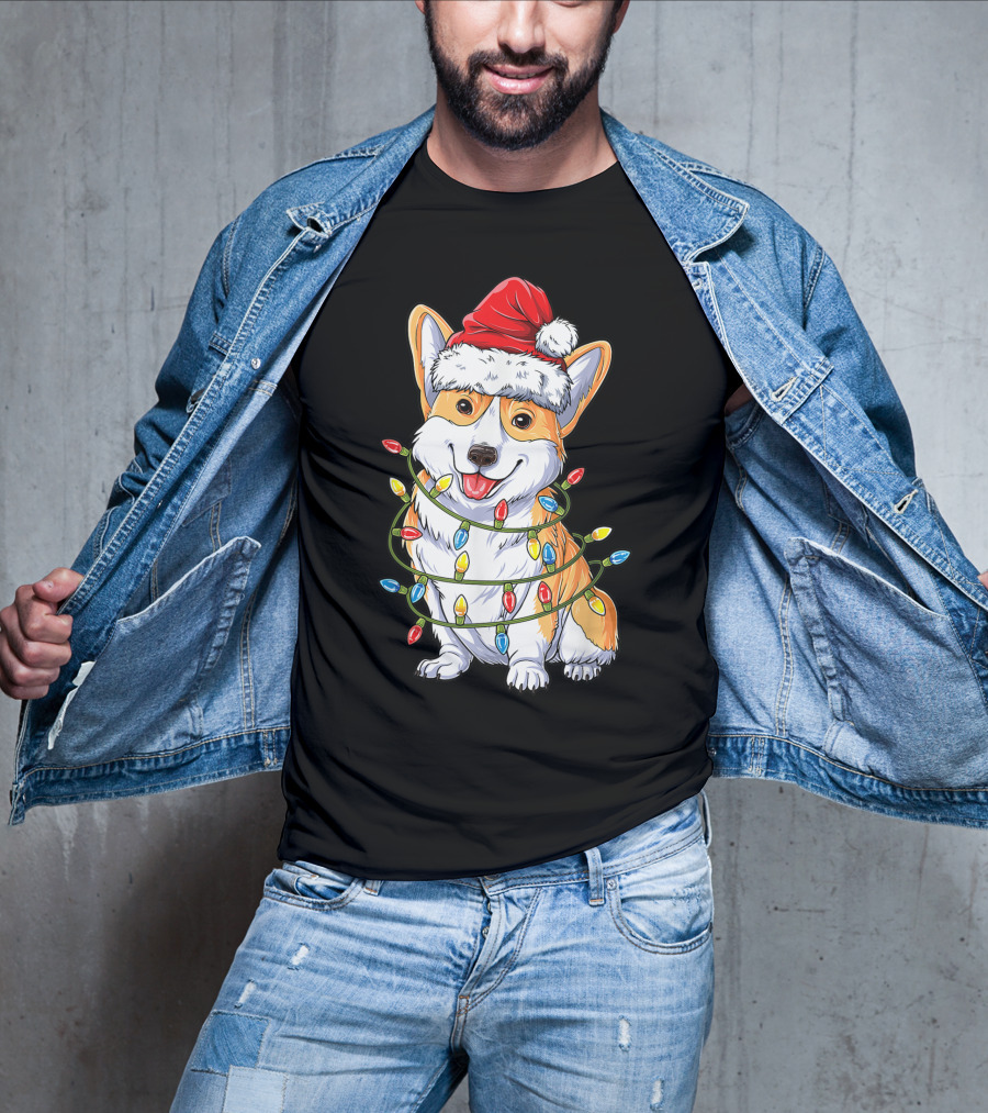 Corgi Santa Hat Wrapped In Christmas Tree Lights T-Shirt