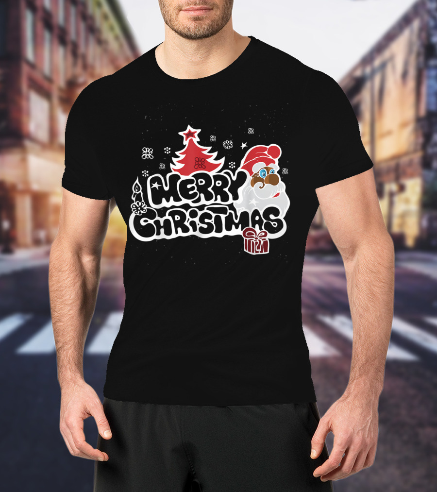 Merry Christmas Santa Red Tree Gift Black Holiday T-Shirt