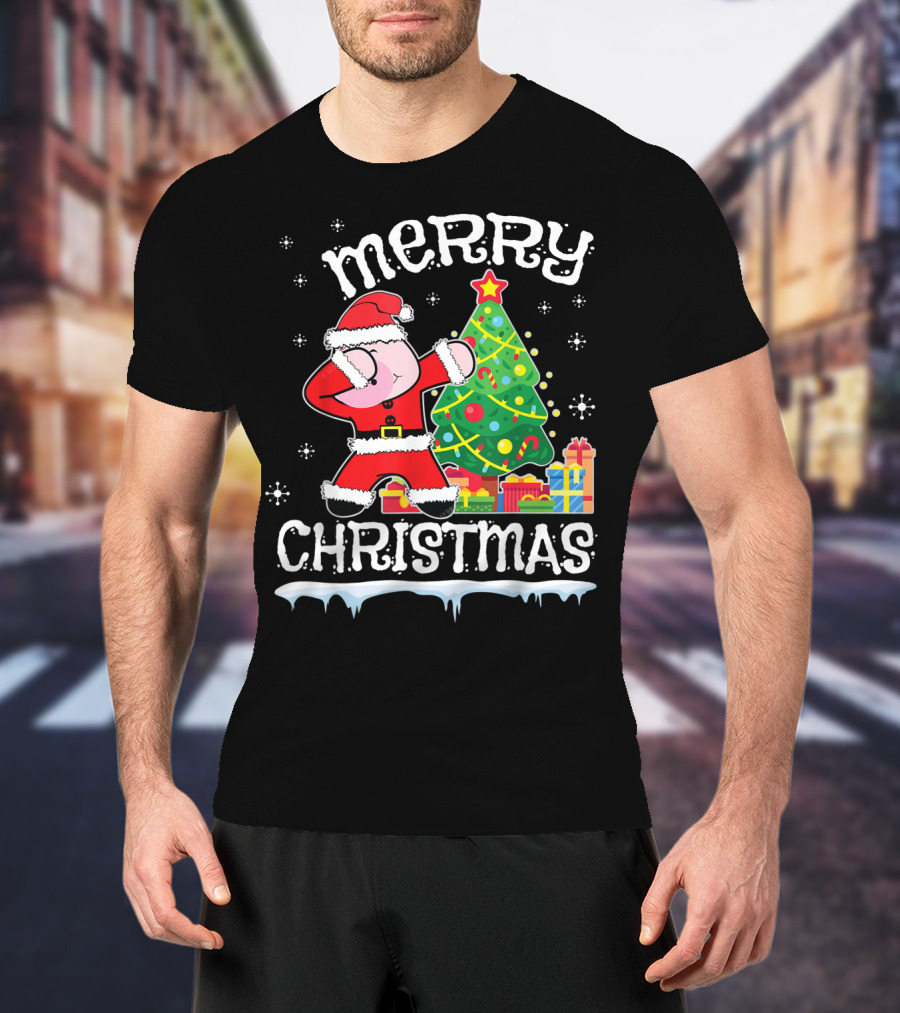 Merry Christmas Pig Dabbing By Noel Presents Tree Snow T-Shirt