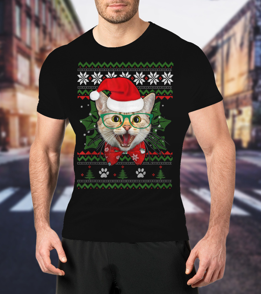 Santa Cat Holiday Ugly Christmas Sweater Look With Holly And Paws T-Shirt