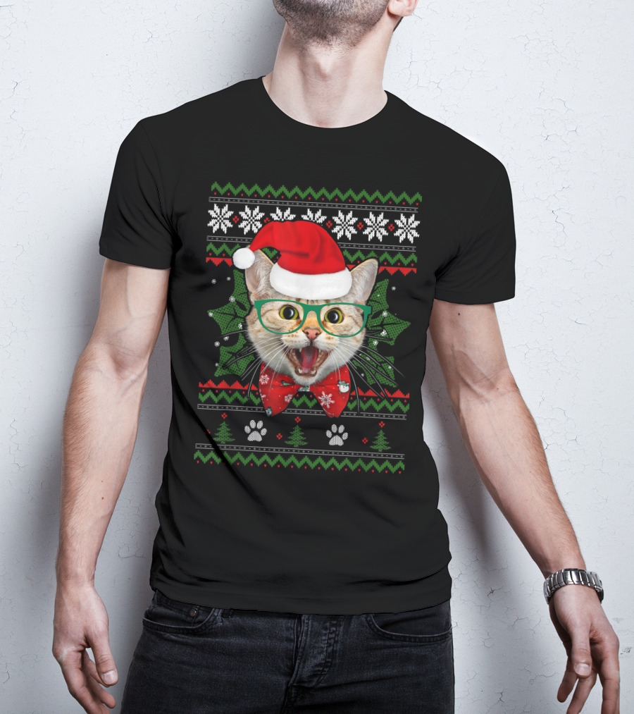 Santa Cat Holiday Ugly Christmas Sweater Look With Holly And Paws T-Shirt
