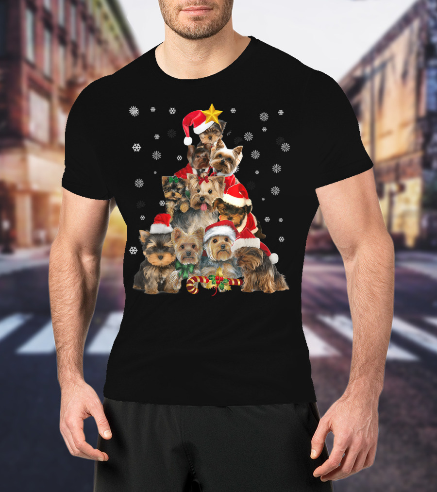 Yorkie Christmas Tree With Santa Hats And Candy Canes T-Shirt
