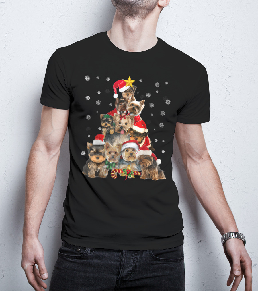 Yorkie Christmas Tree With Santa Hats And Candy Canes T-Shirt