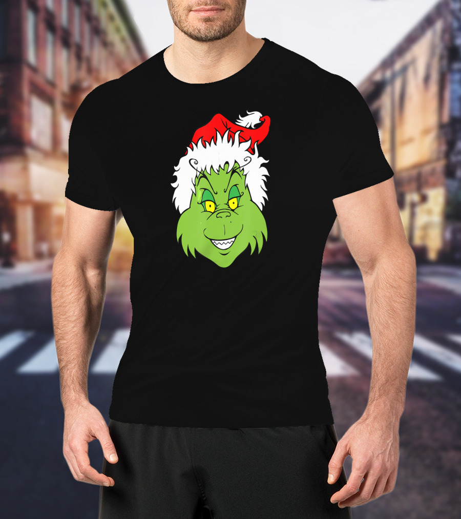Christmas Grinch Face With Santa Hat T-Shirt