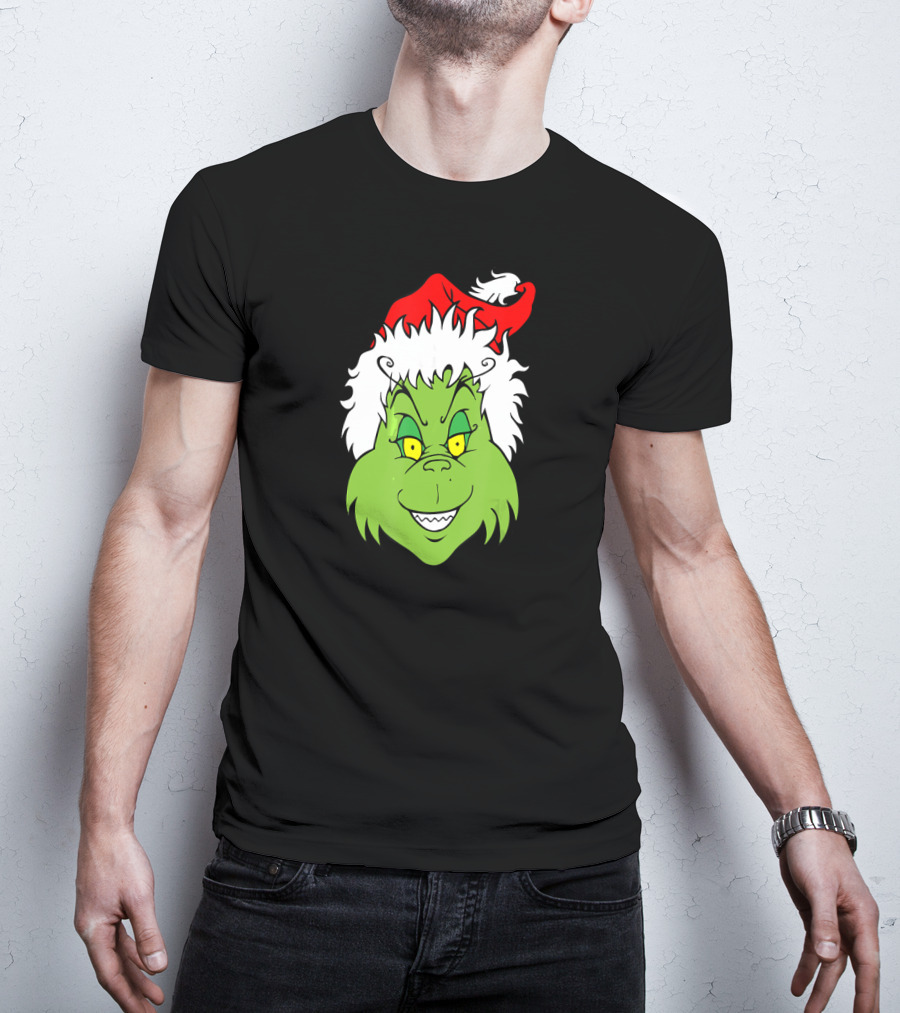 Christmas Grinch Face With Santa Hat T-Shirt