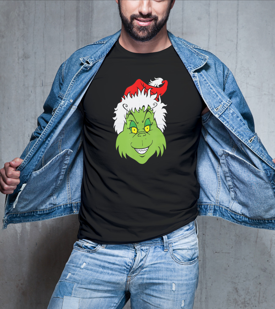 Christmas Grinch Face With Santa Hat T-Shirt