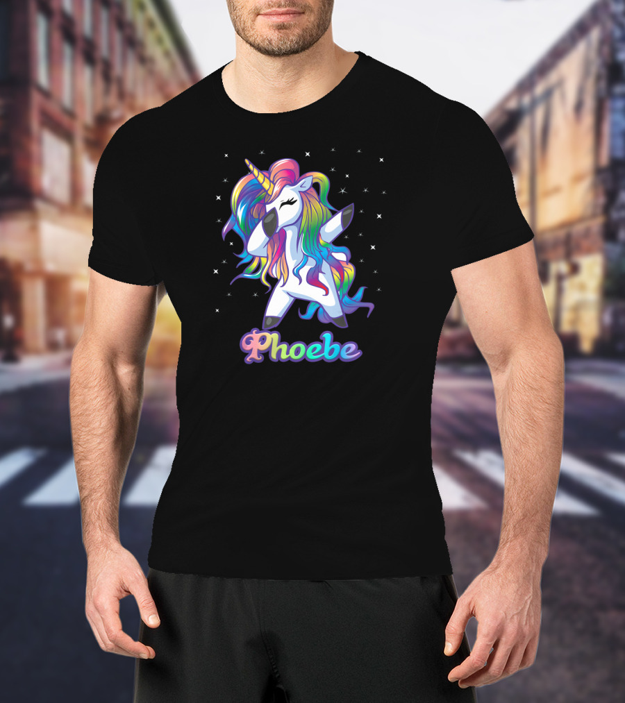 Phoebe Name Personalized Rainbow Unicorn Dabbing Stars T-Shirt