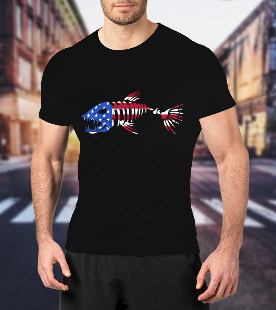 Patriotic Fish Skeleton With American Flag Colors T-Shirt