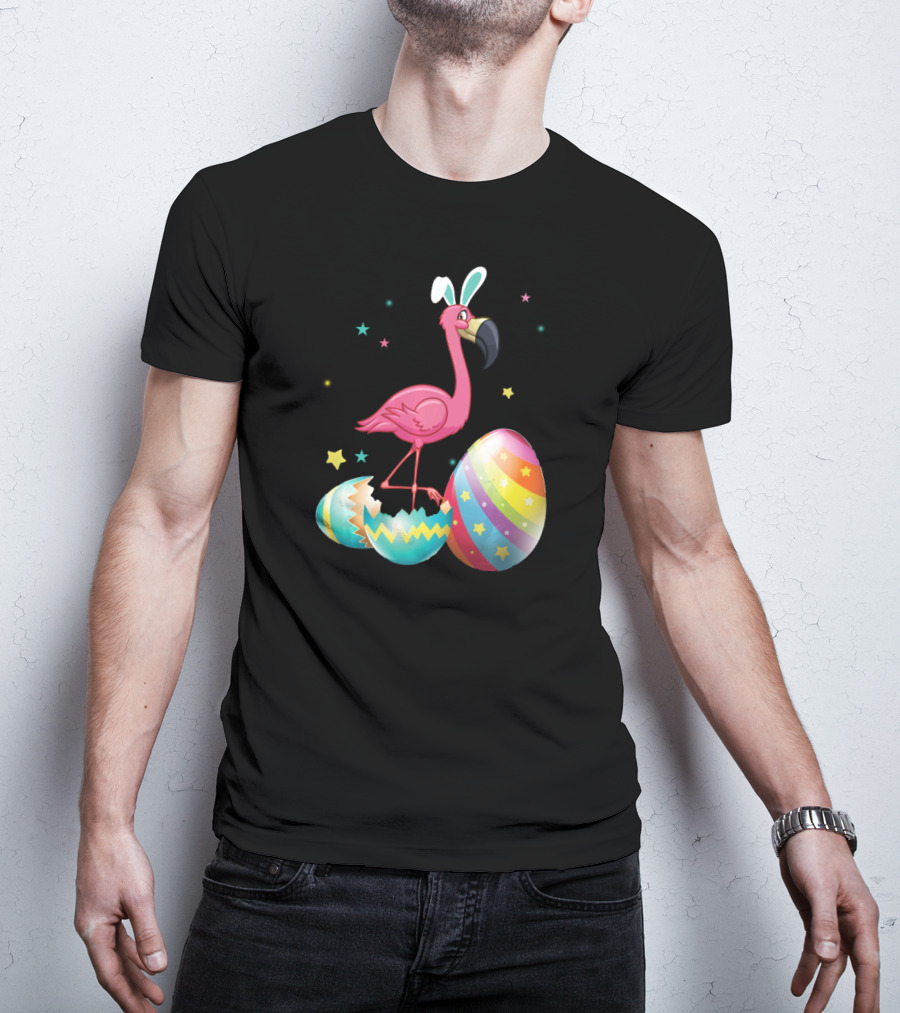 Flamingo Bunny Ears With Colorful Easter Eggs And Stars T-Shirt